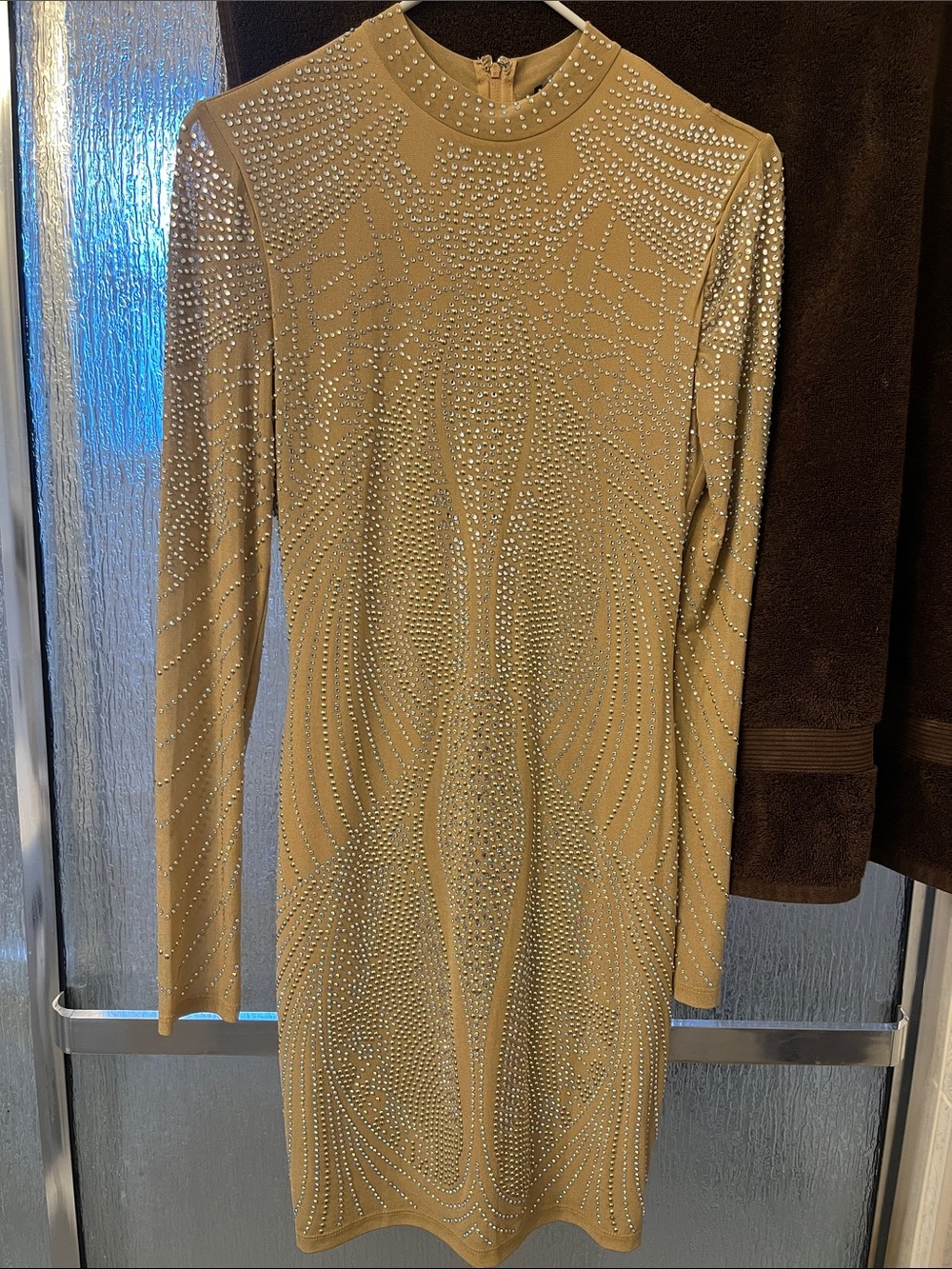 Banjul Beige Rhinestone-Embellished Long-Sleeve Midi Dress